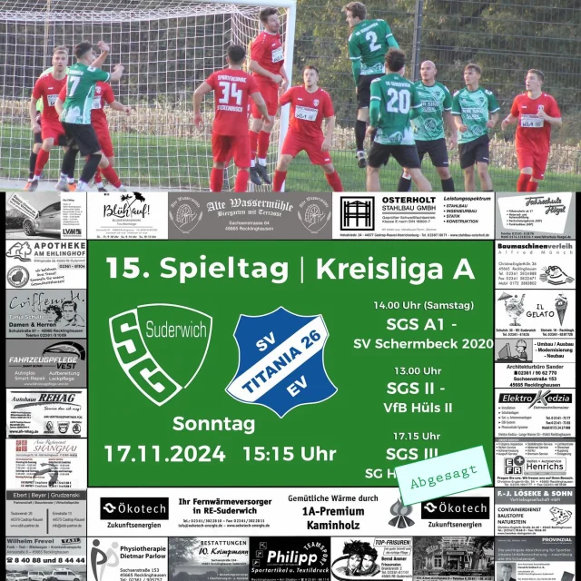 #vorschau #meisterschaft #heimspiel #lülfstrasse 

Am Sonntag war eigentlich der letzte „komplette“ Sonntag für die Senioren in 2024 geplant. Doch gestern erreichte uns die Absage der @sghorneburg II. Daher werden es nur zwei Spiele am Sonntag sein 🤷‍♂️ Das Spiel unserer A1 war von Anfang an bereits für Samstag angesetzt…

Damit empfängt zunächst unsere Zweite um 13 Uhr den Tabellenführer @vfbhuels_diezweite . Damit überrascht der Aufsteiger bisher viele in der Liga, in der Vorbereitung gewannen unsere Jungs mit 3:2 in Hüls. 👍🏻

Um 15.15 Uhr empfängt dann unsere Erste die SG @svtitaniaerkenschwick / @rotweiss.erkenschwick . Der Tabellenelfte steht derzeit 9 Punkte hinter unseren Jungs, hatte zuletzt auch spielfrei und verlor zuvor mit 0:3 bei den @sf_stuckenbusch . Im letzten Jahr gab es einen knappen 2:1-Auswärtssieg und einen 8:1-Kantersieg an der Lülfstrasse 👌

Am Samstag herrscht bereits volles Programm an der Lülfstrasse, darunter auch mittendrin um 14 Uhr das Landesliga-Heimspiel der A1 gegen den @svs2020_official 🍀

Also schaut am WE vorbei 💚🤍🫶

#wirsindsurk #wirhaltenzusammen #teamgeist